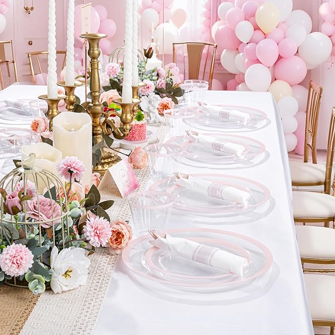 I00000 350 Pcs Clear Pink Plates for 50 Guests, Pink Dinnerware Include 100 Plates, 50 Cups, 50 Pre Rolled Napkins with Cutlery Set for Party, Wedding
