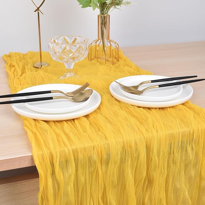 Joanlody Yellow Cheesecloth Table Runner Spring Summer 10Ft Rustic Gauze Boho Cheese Cloth Table Runner for Wedding Bridal Baby Shower Decoration