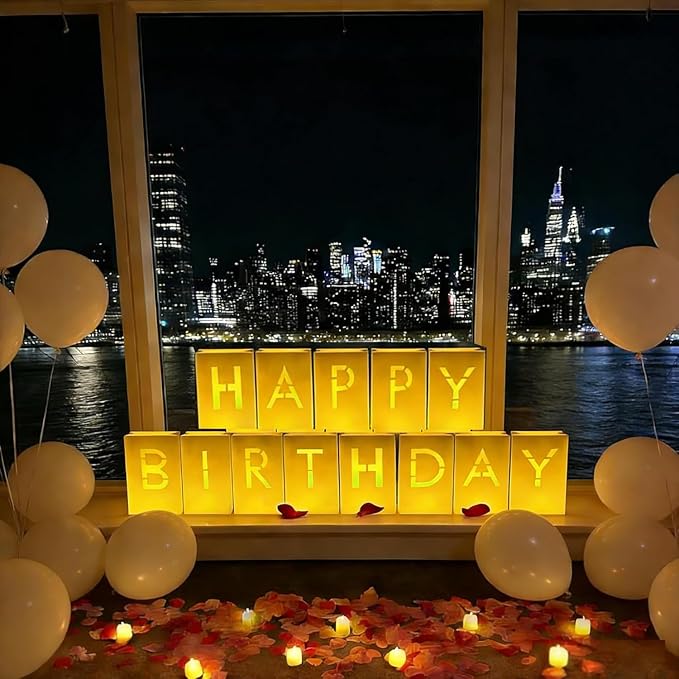 Happy Birthday Decorations for Women Men Girls Light Up Sign Luminary Bags Letters with 2000PC Rose Petals and Candles kit, Birthday Banner for Room Party Hotel Outdoor Decorations, Surprise Gifts Banner