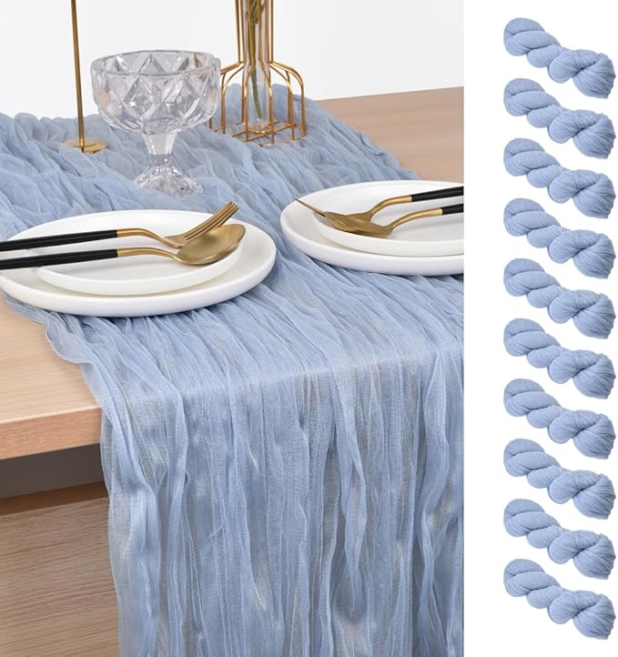 Joanlody Blue Cheesecloth Table Runner Spring Summer 10Ft Rustic Gauze Boho Cheese Cloth Table Runner for Wedding Bridal Baby Shower Decoration 10 Pack