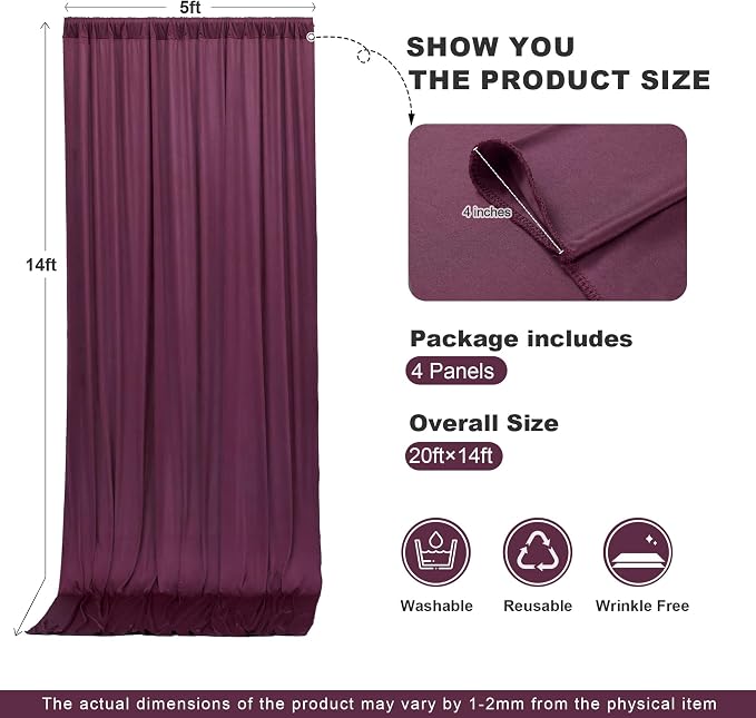 20x14ft Burgundy Backdrop Curtains for Wedding Party, 4 Panels 14 ft Long Back Drop Cloth, Wrinkle-Free Polyester Drapes for Birthday, Baby Shower, Stage Photography Background