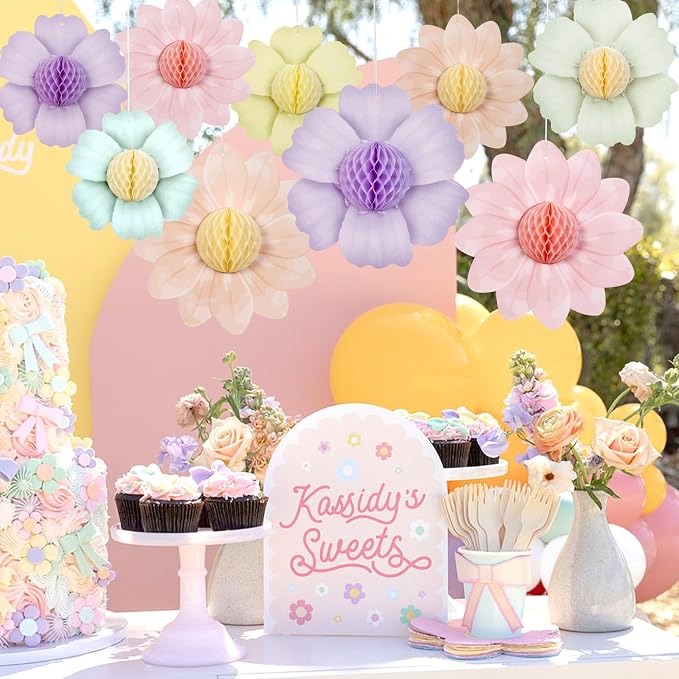 SUNBEAUTY 9 PCS Pastel Flower Party Decorations Flowers Honeycomb Fairy Birthday Party Decorations Pastel Hanging Flower Decorations for Women Birthday Spring Easter Garden Tea Party Baby Shower
