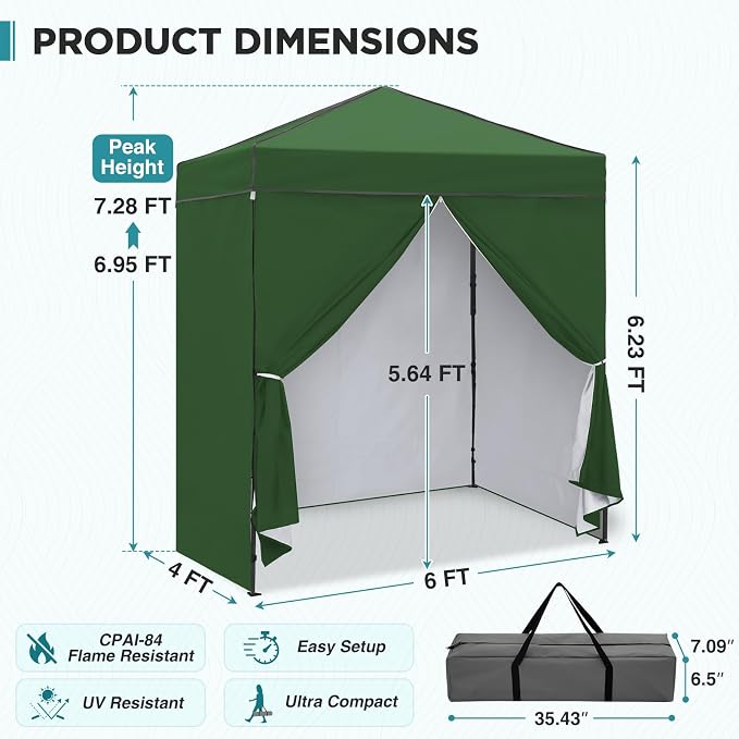 EAGLE PEAK 6x4 Instant Pop Up Canopy Tent with 4 Side Wall Panels, Straight Leg Sun Shelter, Portable Canopy with Carry Bag for Camping, Beach & Sports, Green