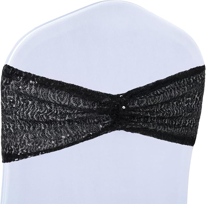 Eternal Beauty Set of 50 Black Chair Sashes Band Bows Sequin Chair Sashes for Wedding Cover Decorations