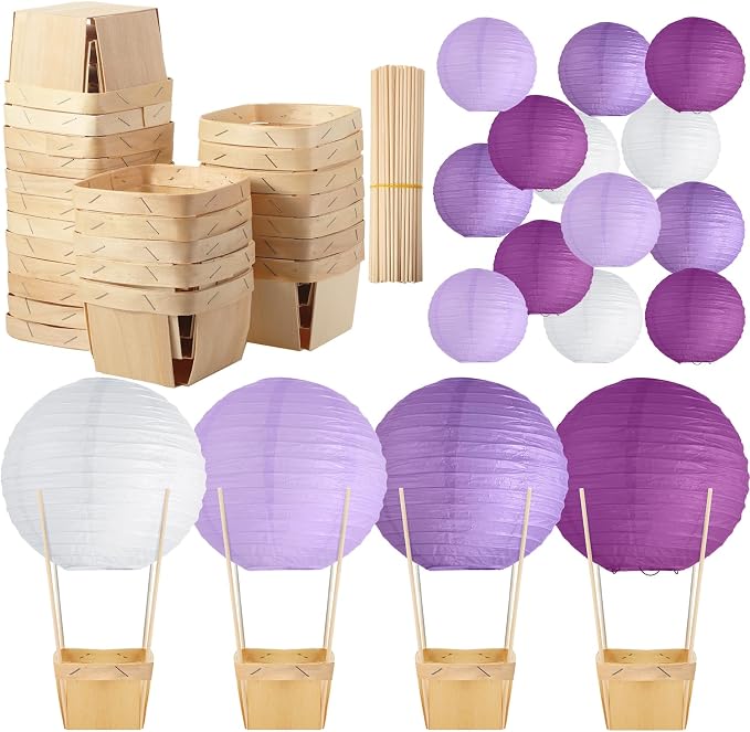 Namalu 24 Set Hot Air Balloon Table Centerpieces Baby Shower Party Decoration Paper Lanterns with Wooden Basket Sticks for Summer Birthday School DIY Craft(White, Purple Series)