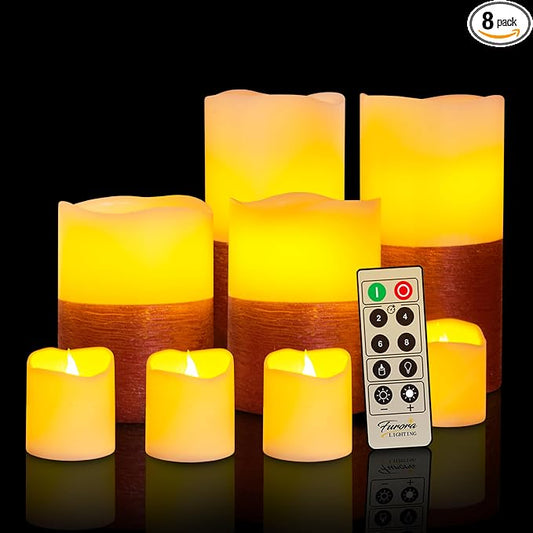 FURORA LIGHTING Red Trim Flameless Candles - Real Wax, Adjustable Brightness, Remote & Timer - 4 Pillars (3x4, 3x6) and 4 Votives, 8-Pack, Battery Operated