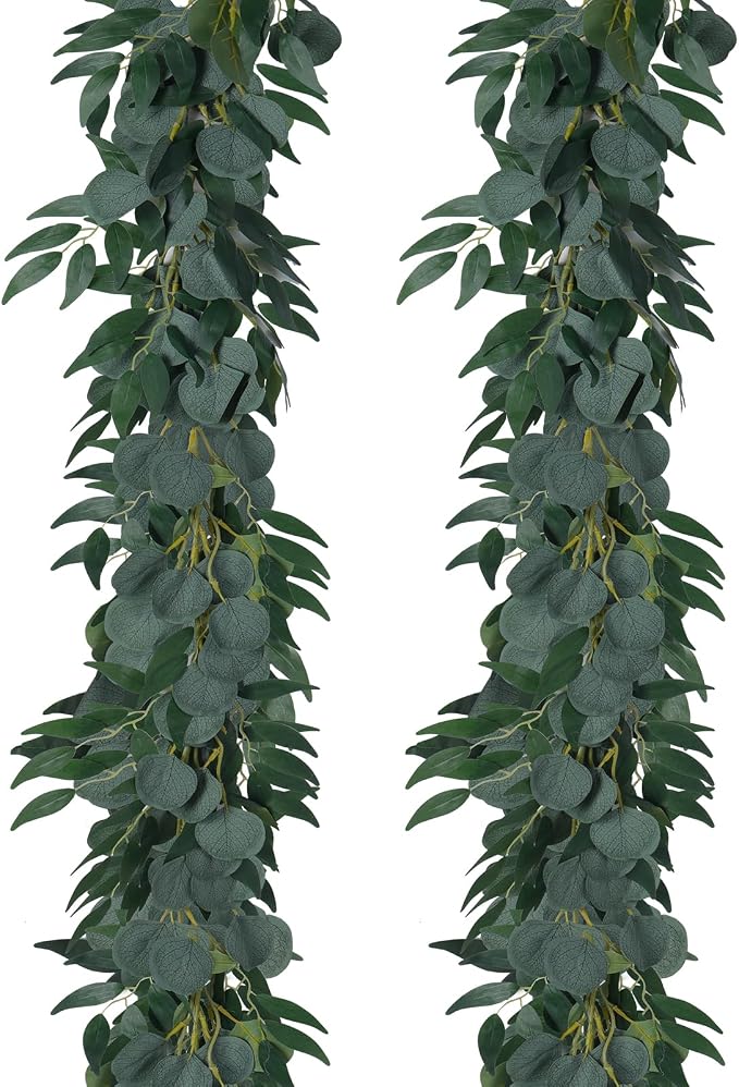 RECUTMS 2Pack Artificial Eucalyptus Garland with Willow Leaves 6Feet Fake Hanging Plant Silk Eucalyptus Willow Leaves Ivy Garland Faux Greenery for Indoor Outdoor Wedding Party Home Table Arch Decor