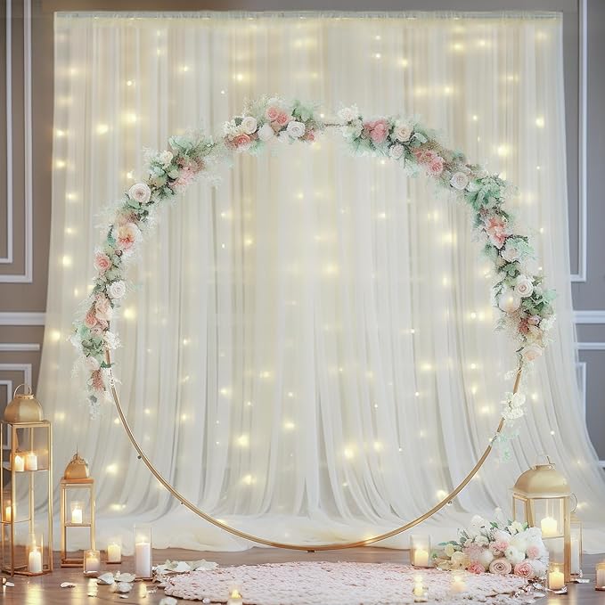 20x8ft Ivory Tulle Backdrop Curtain with Lights String for Parites, Sheer Photo Backdrop Curtains with Lights for Wedding Backdrop Ceremony Reception Bridal Shower Baby Shower Birthday Party