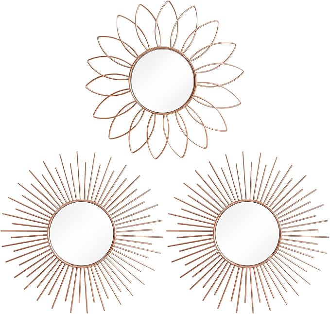 3 Pack Metal Mirrors for Wall Sunburst Wall Mirrors Home Décor Decorative Hanging Wall Art for Living Room Bedroom Entryway (Rose Gold2, Flower+Sunburst)