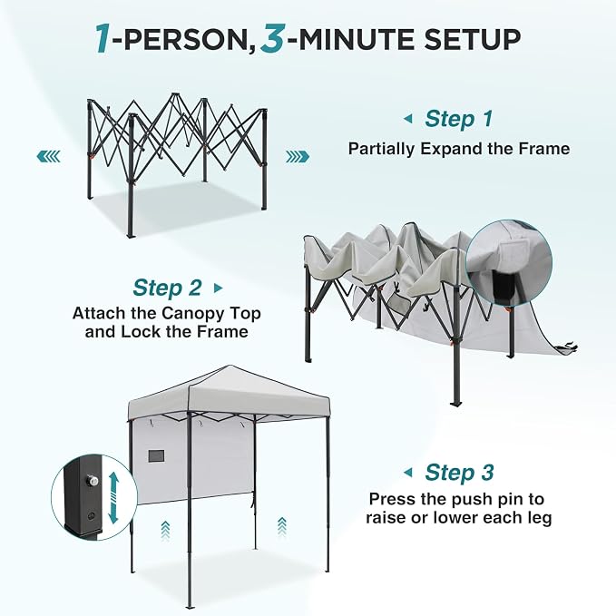 EAGLE PEAK 6x4 Instant Pop Up Canopy Tent with 1 Half Wall Panel, Straight Leg Sun Shelter, Portable Canopy with Carry Bag for Camping, Beach & Sports, Gray