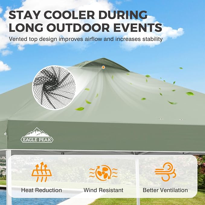 EAGLE PEAK Pop Up Canopy Tent with Wheeled Carry Bag, 8 Stakes, 4 Ropes, 4 Weight Bags, Easy Set Up Tent Canopy, 10x10 ft, 100sqft of Shade, Sage Green