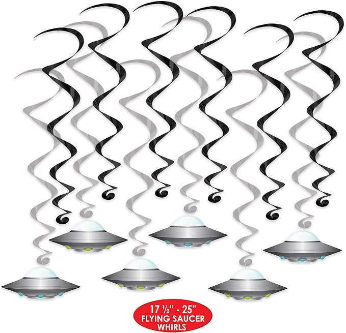 Beistle Flying Saucer Whirls & Galaxy Backdrop Set – 12 UFO Hanging Swirl Decorations and 4' x 30' Space Scene Backdrop for Alien, Outer Space, Sci-Fi & Cosmic Themed Birthday Parties and Celebrations