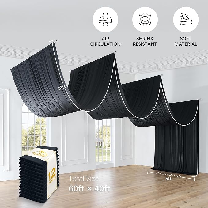 60ftx40ft Black Ceiling Curtain for Wedding Parties – 12 Panels Wrinkle-Free 40 FT Long Tent Draping Curtains for Wedding, Birthday & Theme Parties, 40ft Height with Rod Pocket