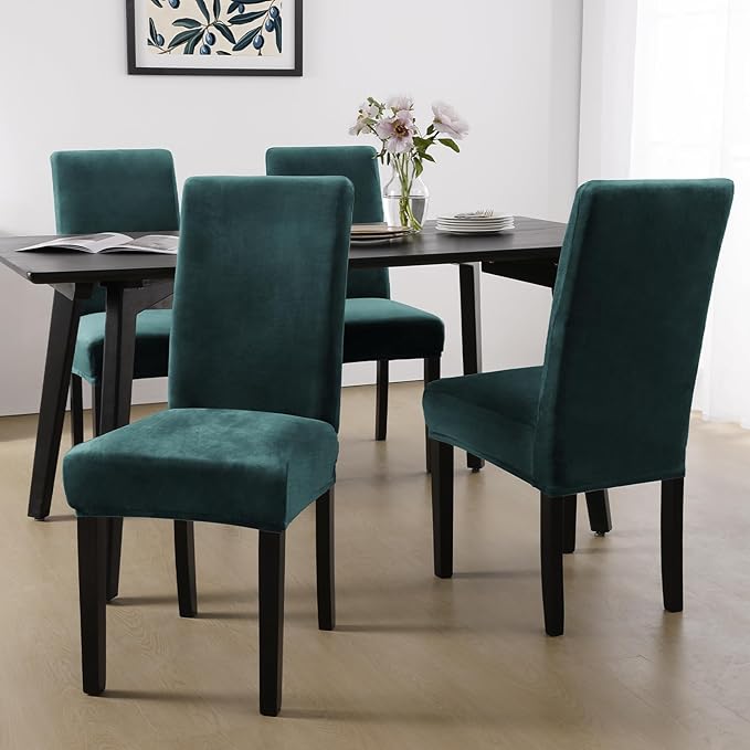 MOSAYT Velvet Stretch Chair Covers for Dining Room Set of 6 - Soft Slipcovers with Thick Removable Fabric for Parsons Chairs, Washable Seat Protectors for Kitchen, Banquet & Home Decor, Dark Teal