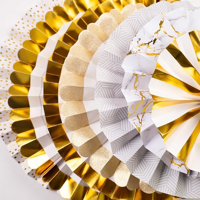 PapaKit Origami Wall Decoration Set (8 Assorted Round Paper Fans) Birthday Party Baby Shower Wedding Events Decor | Creative Art Design Pattern (Ivory & Marble with Metallic Gold Accent, 8 Piece Set)