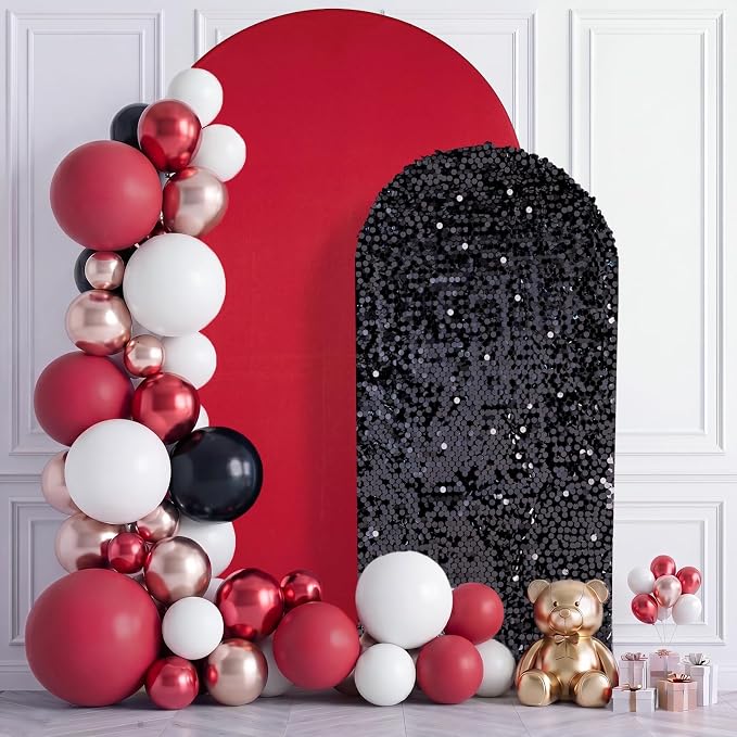 Red and Black Arch Covers 7.2 and 6FT Sequin Arch Backdrop Cover Set of 2, Spandex Fitted Bling Sequin Arch Stand Covers for Birthday Party Ceremony Baby Shower Banquet Decoration
