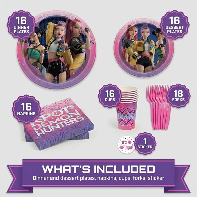 KPop Demon Hunters Birthday Decorations | KPop Demon Hunters Plates and Napkins, Cups, Forks | Officially Licensed