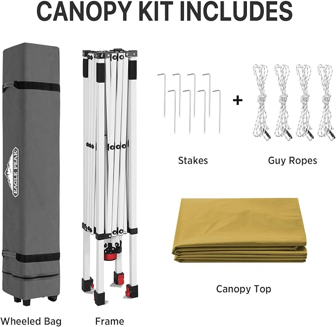 EAGLE PEAK Pop Up Canopy Tent with Wheeled Carry Bag, 8 Stakes, 4 Ropes, Easy Set Up Tent Canopy, 8x8 ft, Beige