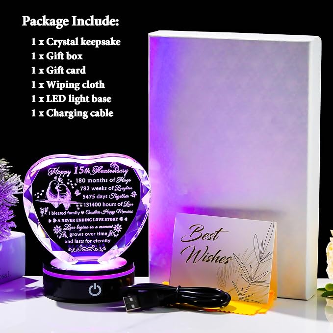 YWHL 15th Wedding Anniversary Crystal Heart Keepsake Gift for Couples with LED Base, Laser Engraved Happy 15th for Wife Husband, Romantic 15 Years of Marriage Gift for Her Him