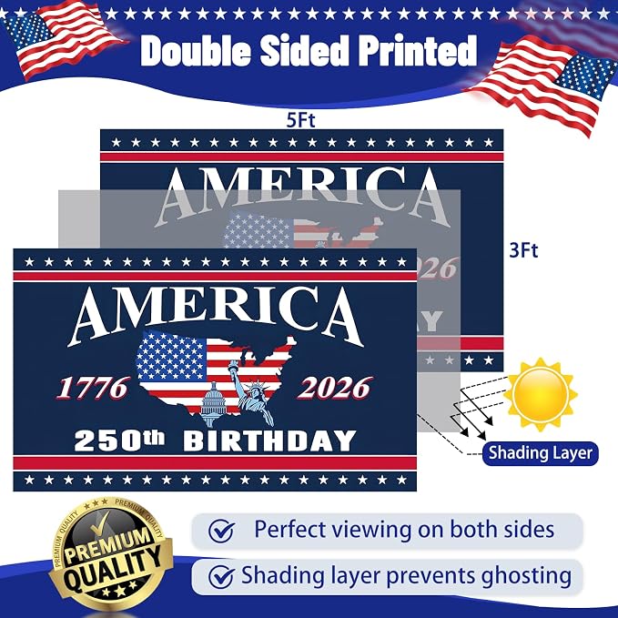 250 Anniversary USA Flag - 3x5 Ft Double Sided 3 Layers Patriotic Flags - 4th of July Decorations Independence Day American 250th Anniversary Flag 1776-2026 for Indoor Outdoor Decoration
