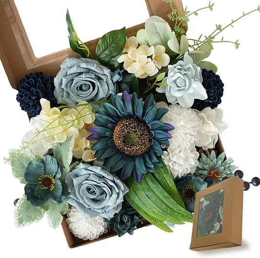 Idyllic Blue Artificial Flower Box, Wedding Table Centerpiece, Party Decoration Floral Arrangement in Box, Ready-to-Use Home Decor
