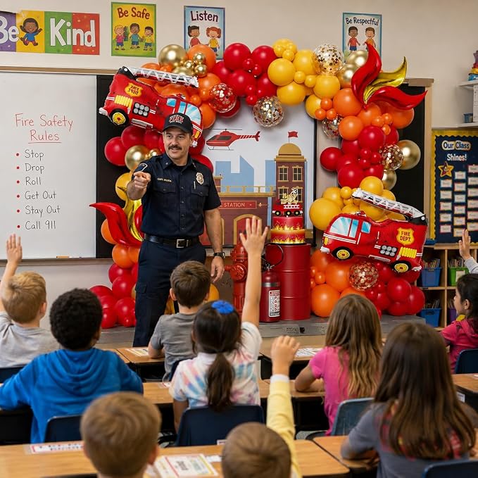 Fire Balloon Garland Arch Kit, 144pcs Red Yellow Chrome Gold Balloons with Fire Truck Foil Balloons for Fireman Party Supplies Birthday Firefighter Rescue Themed Party Decoration (Fire)