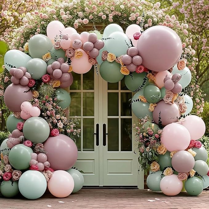 Pink Green Balloon Arch with Artificial Flowers Double Stuffed Dusty Light Pink Sage Green Balloon Garland Kit Eucalyptus Leaves for Baby Bloom Birthday Bridal Shower Mother's Day Party Decorations
