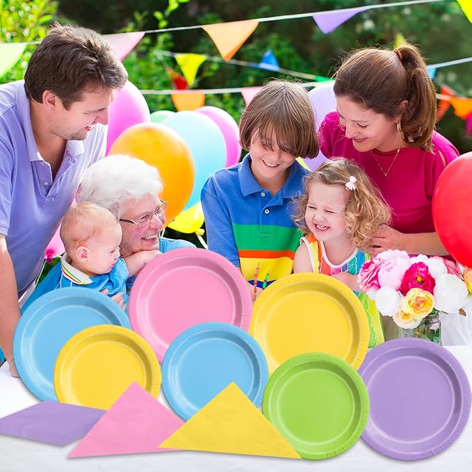 CMUSKO 60Pcs Rainbow Plates and Napkins - Cute Bear Party Decoration Colorful Pastel Tableware for Birthday,Baby Shower,Wedding
