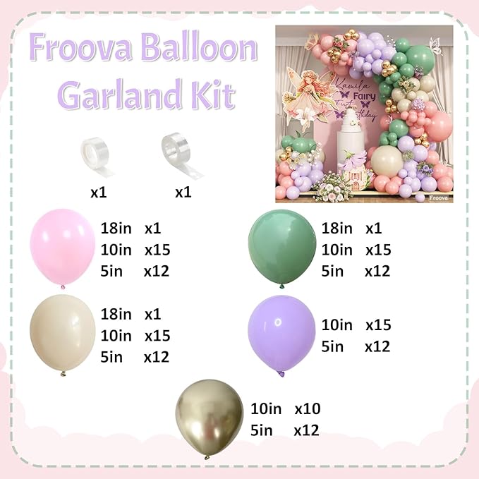 Sage Green Purple Pink Balloon Garland Arch Kit, 125pcs Dusty Green Pastel Lavender Purple Blush Pink White Sand Metallic Gold Fairy Balloon for Baby Shower Birthday Wildflower Floral Party Decoration