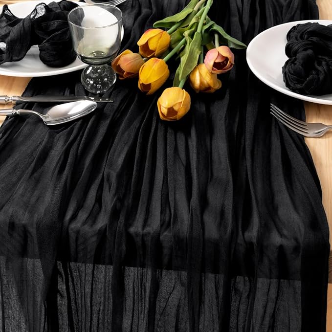 MLMC Black Table Runner 10ft Rustic Gauze Cheesecloth Table Runner 35x120 Inches Cheese Cloth Centerpiece for Wedding Party Bridal Shower Anniversary Events Gothic Decor