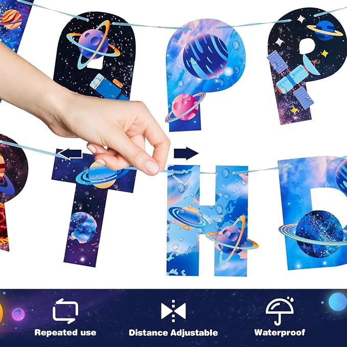 SUNBEAUTY Solar System Birthday Party Decorations Outer Space Happy Birthday Banner Planet Rocket Astronaut Hanging Swirls for Kids Boy Baby Shower First Trip Around The Sun School Supplies