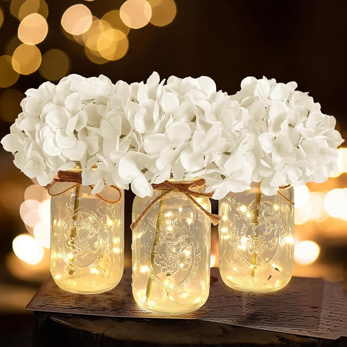 Set of 3 Mason Jar with Lights White Hydrangea Decorative Jars Flower Vase Farmhouse Table Centerpiece for Home Wedding Event Party Decor