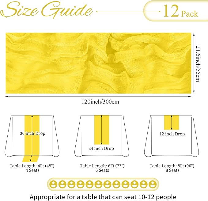 12 Pack Yellow Cheesecloth Table Runner 10FT Boho Gauze Cheese Cloth Table Runner Rustic Sheer Fabric Table Runners for Wedding Bridal Shower Baby Shower Party(21.5×120 Inch)