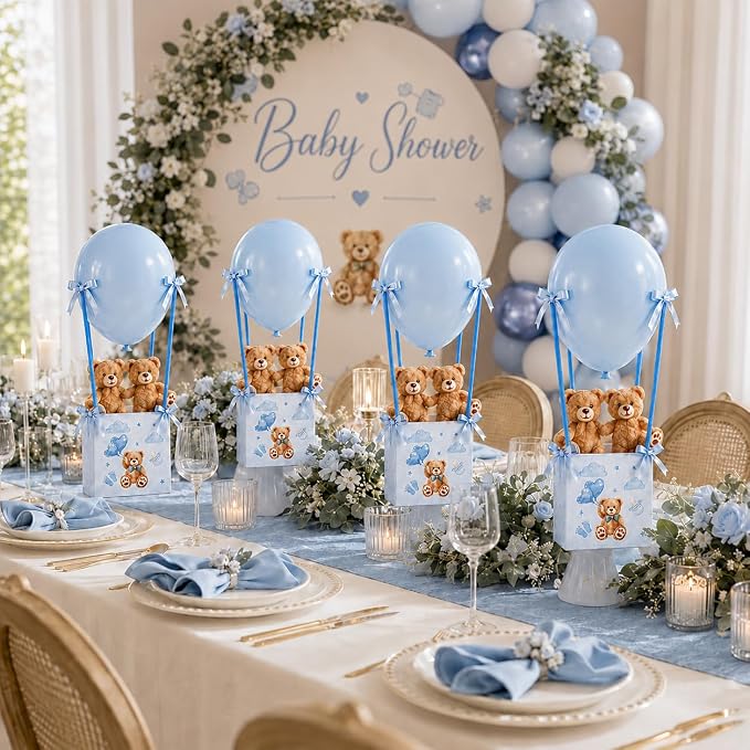 Cinrobiye 12 Sets Teddy Bear Baby Shower Centerpieces for Tables, Bear Favor Boxes with Balloons, Ribbons Paper Straws, DIY Table Decorations for Gender Reveal, Baby Shower, Birthday Party Supplies