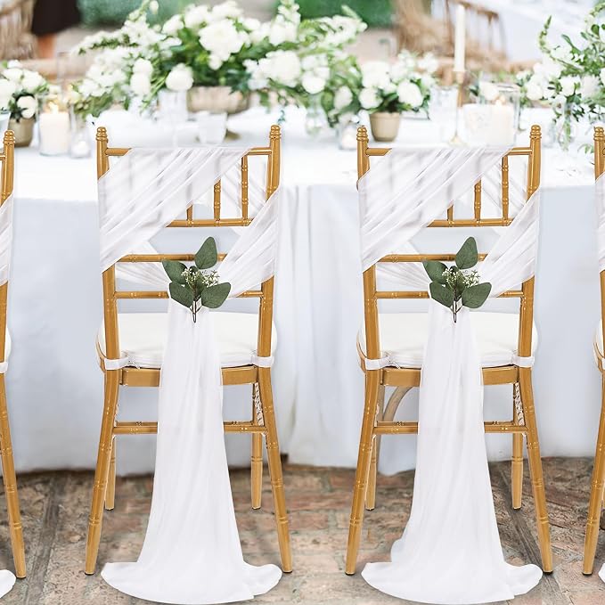 QueenDream White Chair Sashes Wedding: 16 Pieces Long Sheer Wedding Aisle Chair Decorations Tulle Chairs Covers with Artificial Eucalyptus