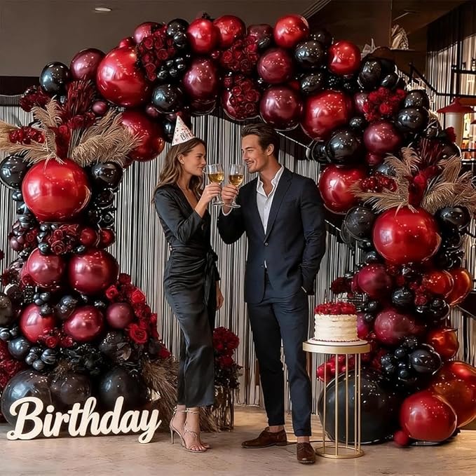 Black Red Balloon Arch Double Stuffed Black Burgundy Maroon Balloons Dark Ruby Red Metallic Balloon Garland Kit for Graduation Birthday Wedding Mother's Day Anniversary Party Decorations