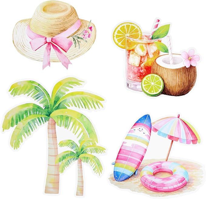 Honoson 4 Pcs Large 32" Summer Beach Party Decoration Cardboard Cutouts, Pool Coconut Tree Yard Signs Photo Booth Prop for Birthday Tropical Swimming Hawaiian Luau Bar Party Supplies