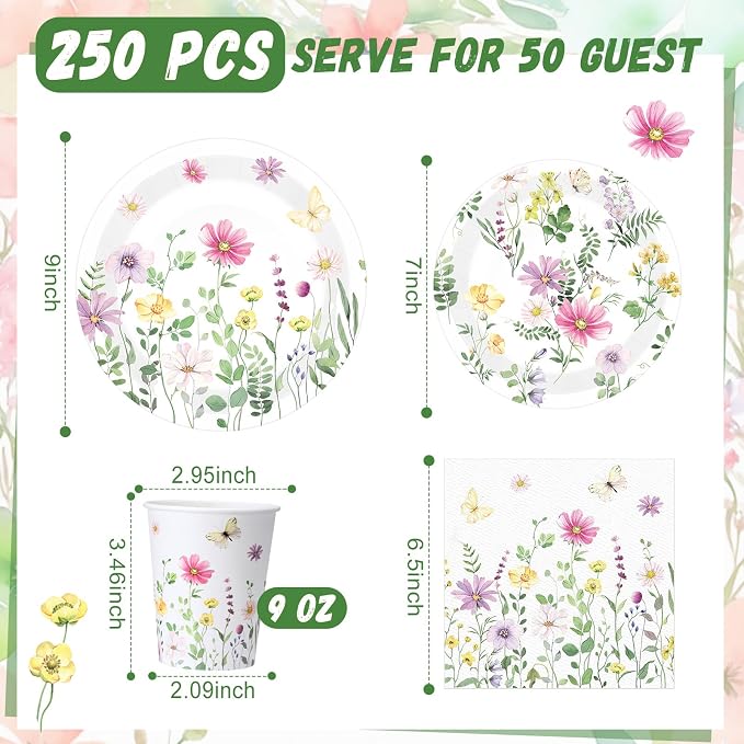 Ziliny 250 Pcs Wildflower Party Decorations Include Spring Summer Floral Paper Plates Napkins and Cups for Wildflower Baby Shower Tea Decorations, Serve 50 Guest(Watercolor,Fresh Style)