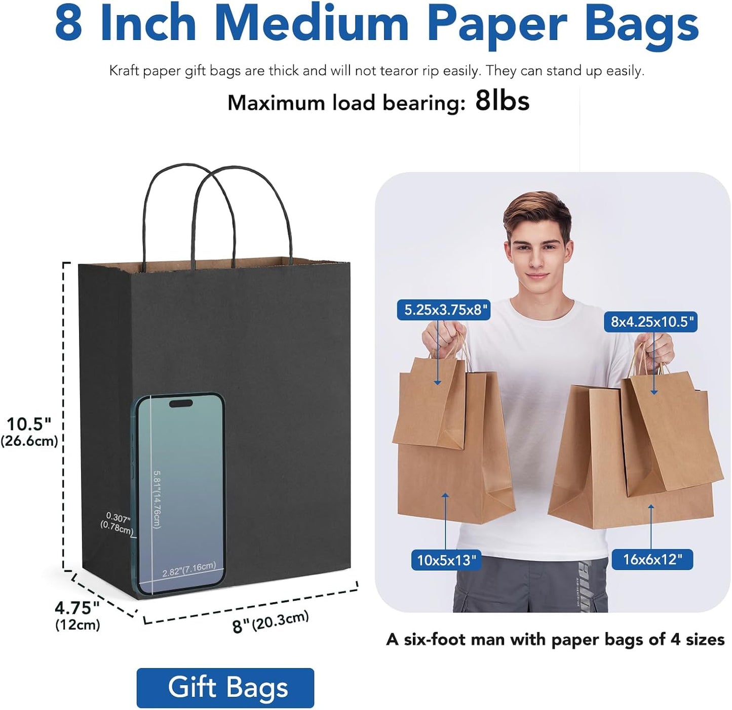 GSSUSA 100 Pack, 8x4.25x10 Black Paper Gift Bags with Handles Bulk for Small Businesses, Grocery & Retail, Birthday Parties, Crafts