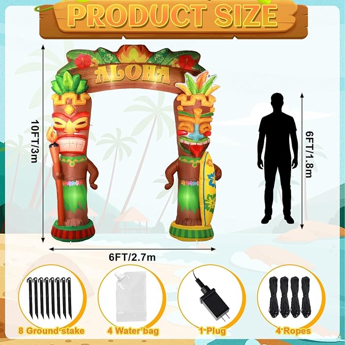 10Ft Hawaiian Tiki Inflatables Luau Party Inflatable Decor Tiki Inflatable Arch with Built-in LED Lights Blow Up Archway Decor for Summer Tropical Aloha Birthday Beach Pool Party Yard Lawn Supplies