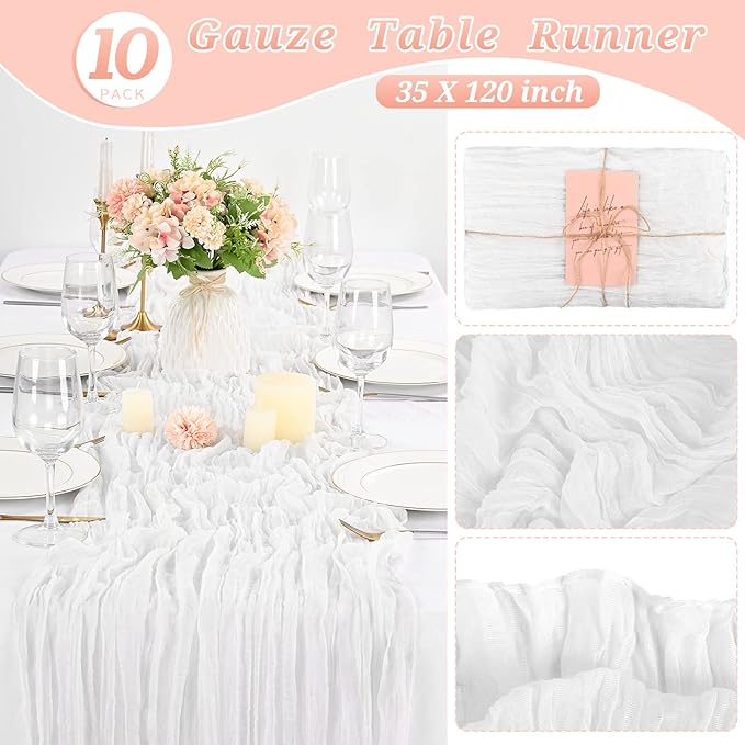 10 Pcs White Cheesecloth Table Runner 10FT, Gauze Cheese Cloth for Wedding Reception Rustic Sheer Bridal Shower Birthday Party Boho Table Decoration, Romantic Wedding Runner