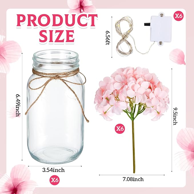 6 Sets Mason Jar with Lights Pink Hydrangea Decorative Pink Centerpieces for Tables Mason Jars Flowers Decorations LED Farmhouse Vase for Home Wedding Event Party Decor