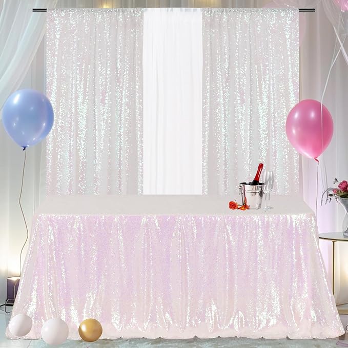Poise3EHome Iridescent White Sequin Tablecloth 50×72 Inch Rectangle Sparkly Fabric Table Cover Overlay for Wedding Birthday Party Christmas Holiday Baby Shower Decoration