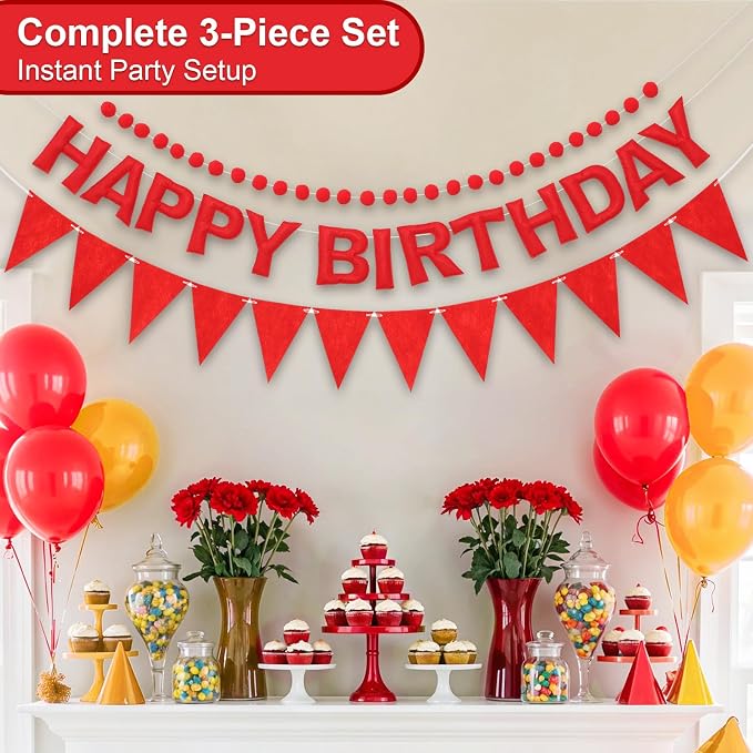 Pre-Strung Happy Birthday Banner & Felt Garland Set - Red Birthday Decorations for Women Girls | Reusable Party Supplies for Indoor & Outdoor