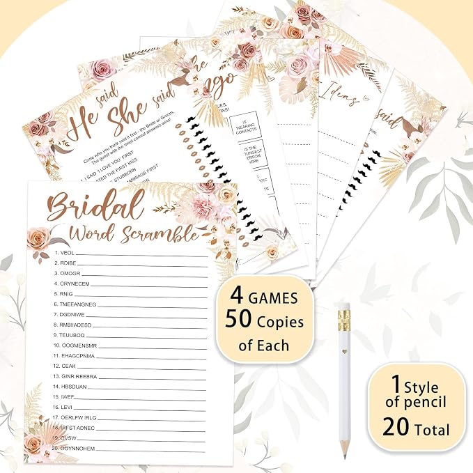 Silipull Bridal Shower Games Set for 50 Guests Includes Bingo, He Said She Said, Scramble, Would She Rather, Advice and Wishes Wedding Games Double Sided with Wooden Box, 20 Pencils (Boho)
