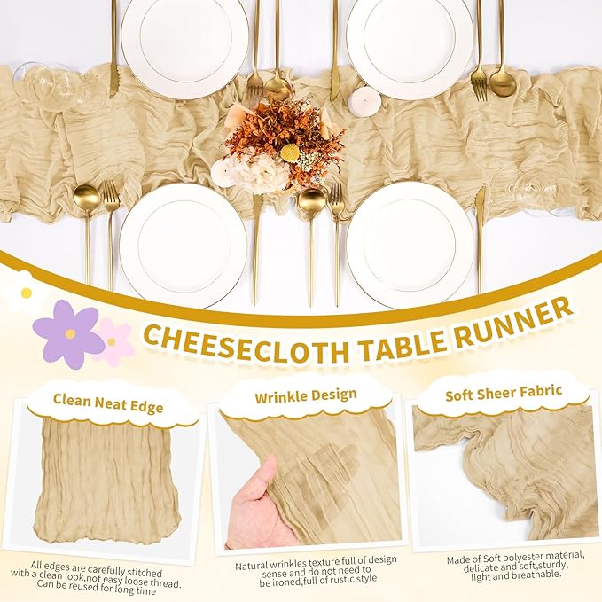 6 Pack Cheesecloth Table Runner,Beige Table Runner Long Romantic Semi Sheer Rustic Boho Gauze Table Runners for Wedding Bridal Shower Birthday Party Decorations(17.7×108 Inch)
