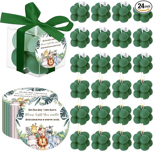 MTLEE 24 Sets Jungle Animal Baby Shower Favors Small Bubble Candle Baby Shower Favors for Guests Tea Candles Bulk with Stylish Ribbons Cards Gifts Party Decoration