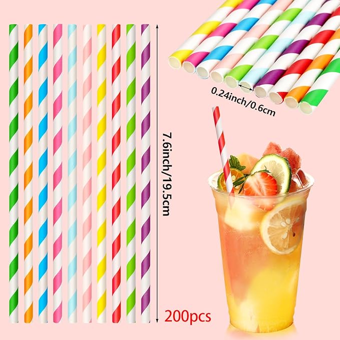 200 Pack Paper Straws Disposable Colorful Striped Straw for Drinking in 10 Colors Biodegradable Paper Straws for Birthday, Wedding, Bridal Shower, Baby Shower, Summer Pool Party Supplies