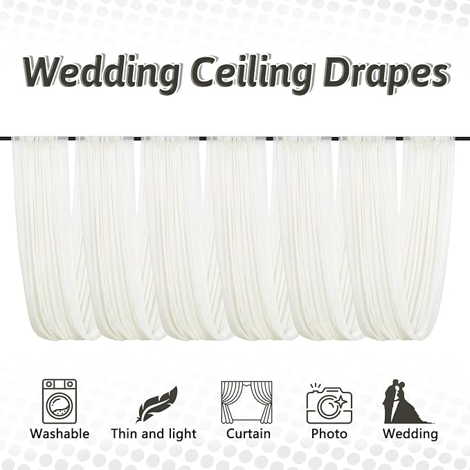 DUOBAO Ivory Ceiling Drapes Sheer Backdrop Curtains 6 Panels 5ftx20ft Reception Halls Drapeing Banquet Room Curtain with Rod Pocket for Wedding Birthday Stage Decoration