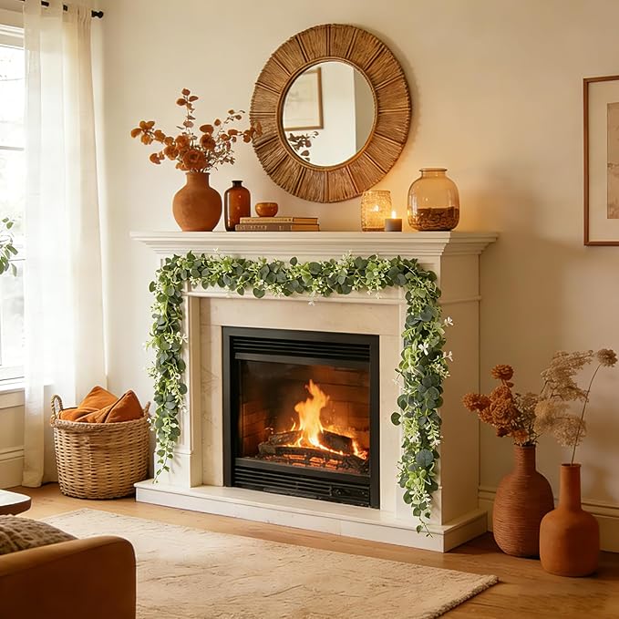 Eucalyptus Garland with White Flowers 4Pack: 5.9Ft Artificial Faux Greenery Vines for Valentine's Day Table Runner Wedding Bedroom Mantle Centerpieces Backdrop Decorations